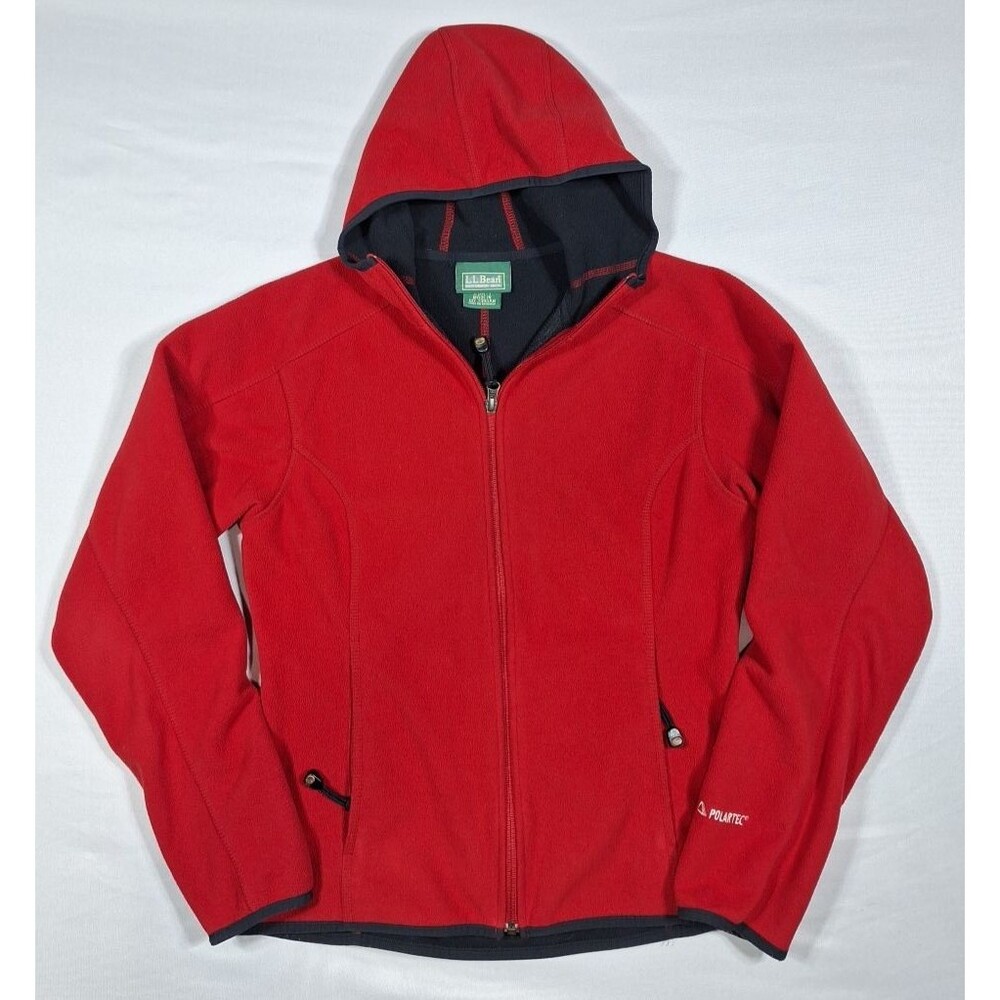 LL Bean Women S Jacket Soft Shell Red Black Trim Hooded Full Zip Outdoor Vintage